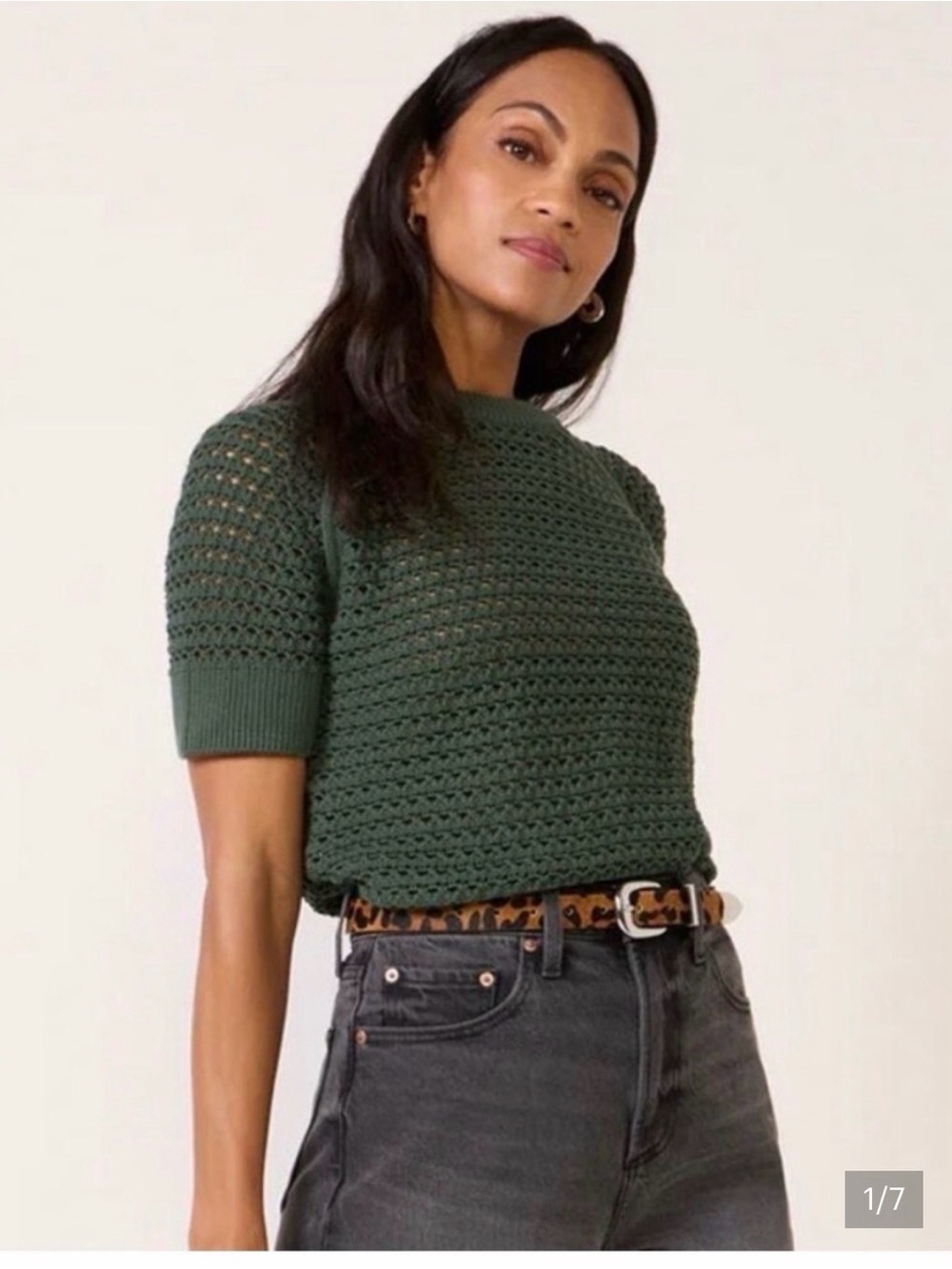 Varley Forest Green Crochet Short Sleeve Sweater